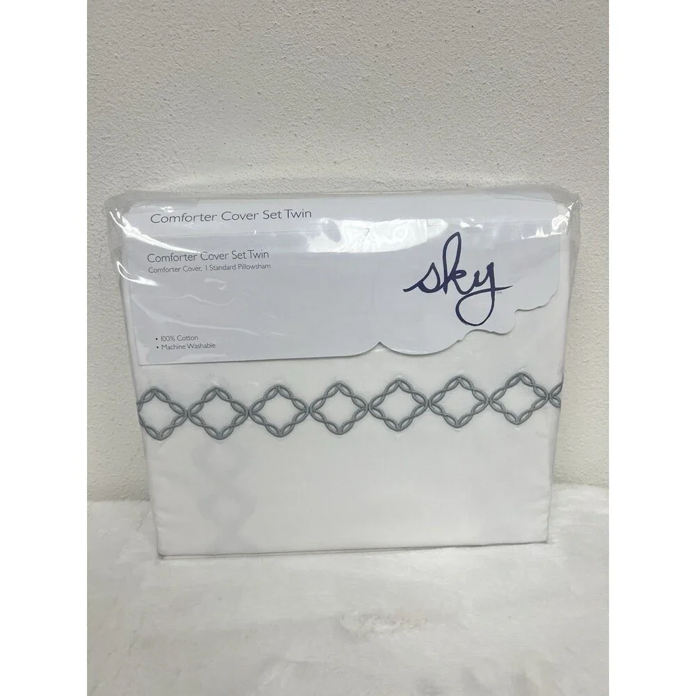 Sky Embroidered Percale Collection Twin Duvet Cover & 2 Sham Set White/Gray New